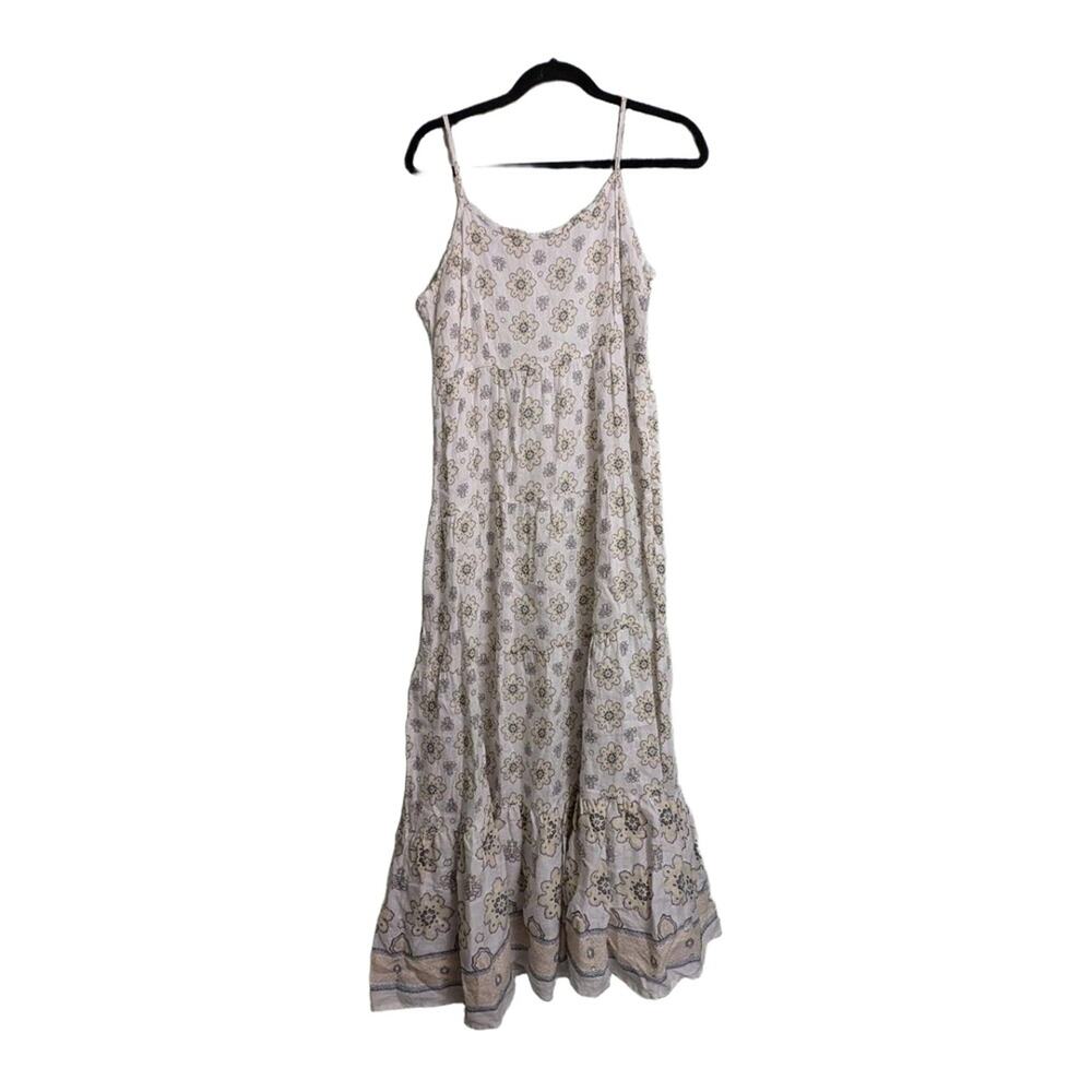 Magaschoni Floral Tiered Linen Spaghetti Strap Maxi Sundress Dress Medium